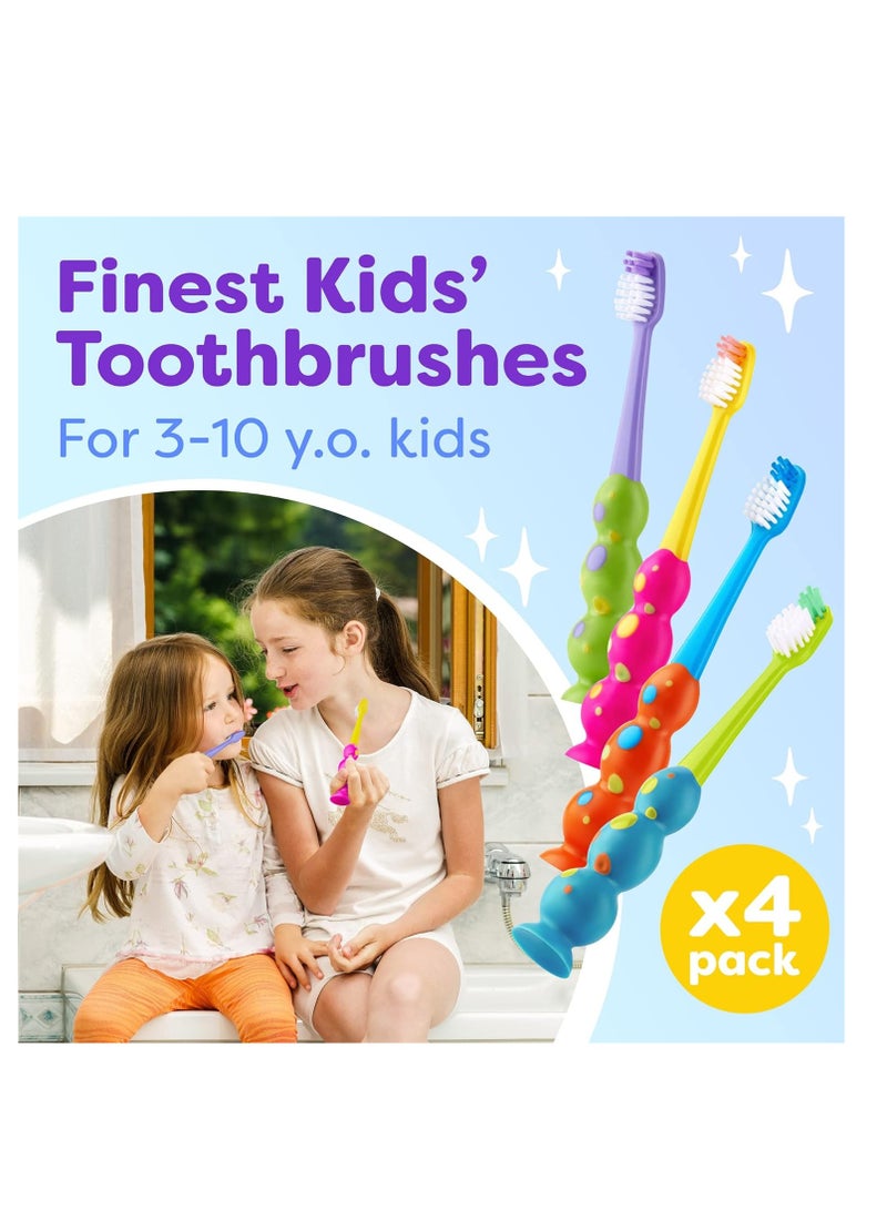 Kids Toothbrush 4 Pack - Soft Bristles with Suction Cup - Toothbrush Kids, Child Sized Brush Heads (3-10 Year Old) Kid Toothbrush with Easy Storage - Toddler, Girl & Boy Set (4-Pack, Multi-Color)