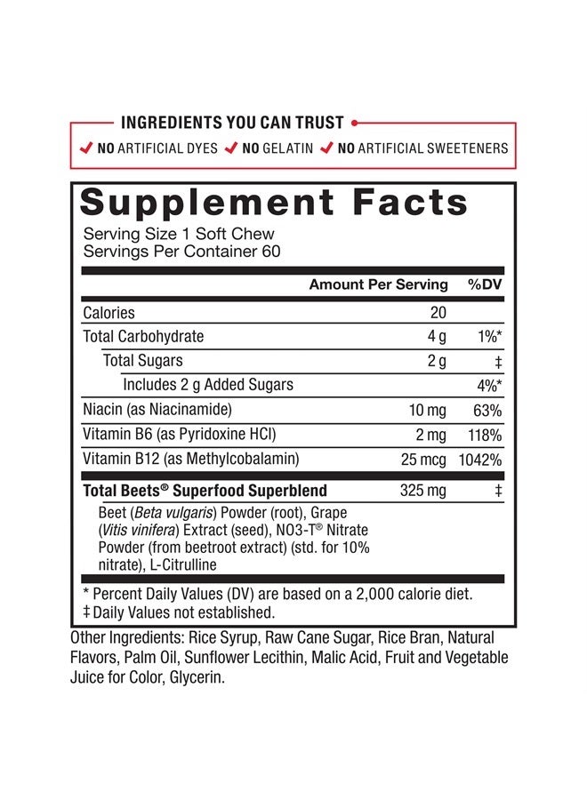 Total Beets Soft Chews with Beetroot, Nitrates, L-Citrulline, Grapeseed Extract Superfood, 180 Count, 3-Pack