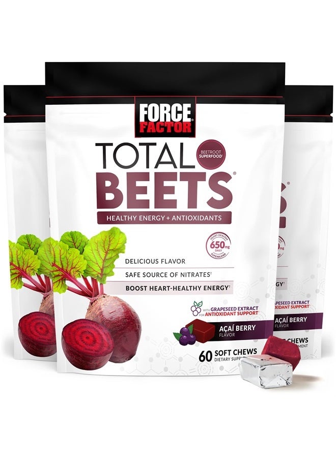 Total Beets Soft Chews with Beetroot, Nitrates, L-Citrulline, Grapeseed Extract Superfood, 180 Count, 3-Pack