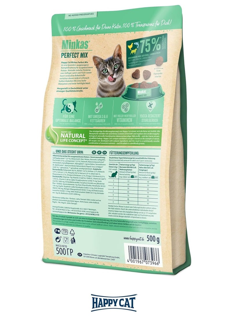 Happy Cat – [1.5kg] Minkas Perfect Mix for adult cats with poultry, lamb and fish, made with 100% natural ingredients to support skin and coat.