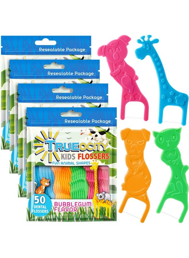 Kids Flossers 4 Pack (200 Total) Kids Floss Picks Flossers Kids Floss For Kids Cute Animal Shapes Glides Easy Between Teeth Flosser Helps Prevent Tooth Decay & Gum Disease Bubble Gum Flavored