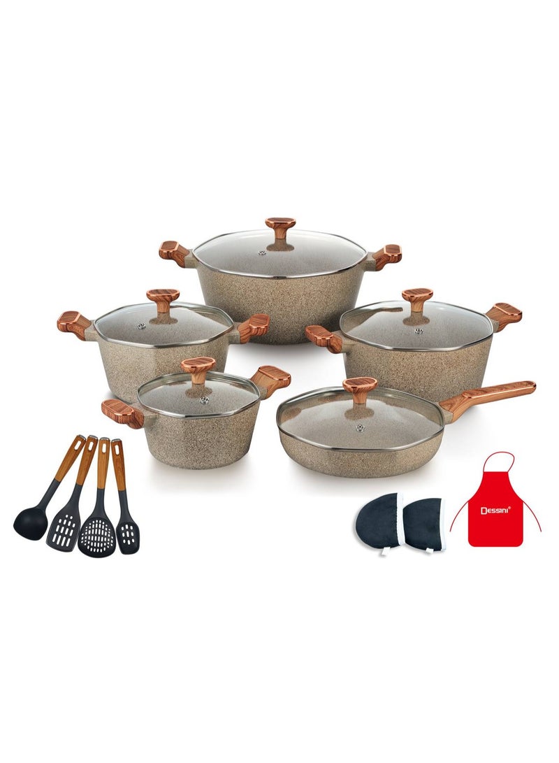 17-Piece Non Stick Granite Cookware Set 20/24/28/32Cm Casserole, 28Cm Shallow Casserole- PFOA Free - 2010 beige