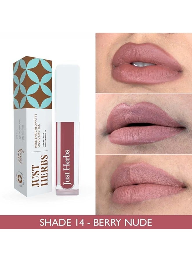 Just Herbs Ayurvedic Creamy Matte Long Lasting Liquid Lipstick, Lightweight & Hydrating Lip Colour with Liquorice & Sweet Almond Oil - Berry Nude