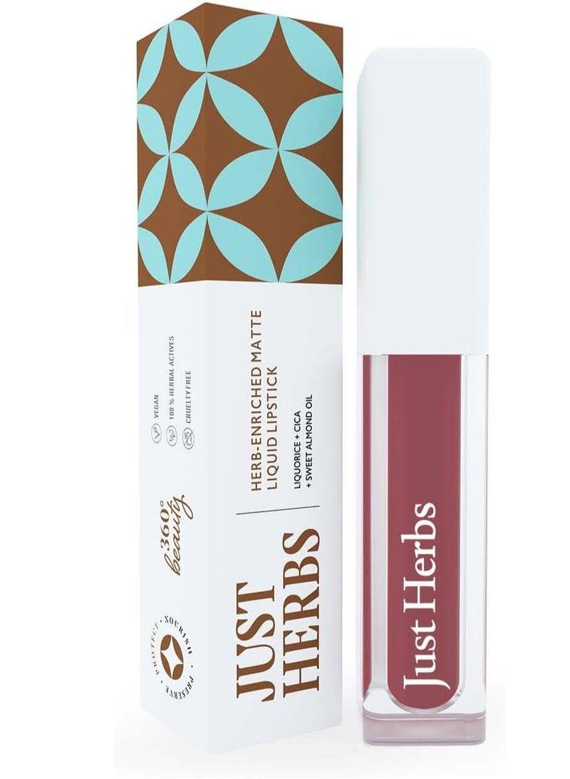 Just Herbs Ayurvedic Creamy Matte Long Lasting Liquid Lipstick, Lightweight & Hydrating Lip Colour with Liquorice & Sweet Almond Oil - Berry Nude