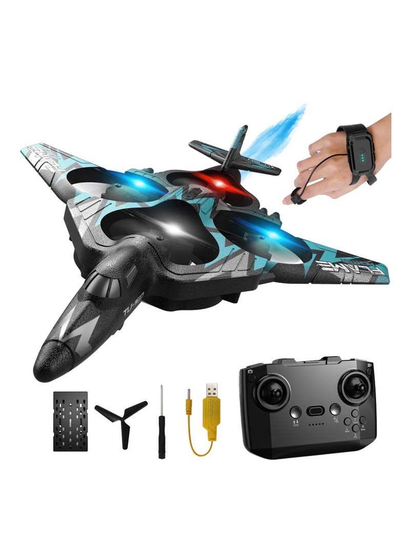 Remote Control Drone for Kids Gesture RC Stealth Raptor Airplane Quadcopter Fighter Jet with Light Spray 360° Flip Beginner Big Plane Toy Boys 2 Batteries 984FT