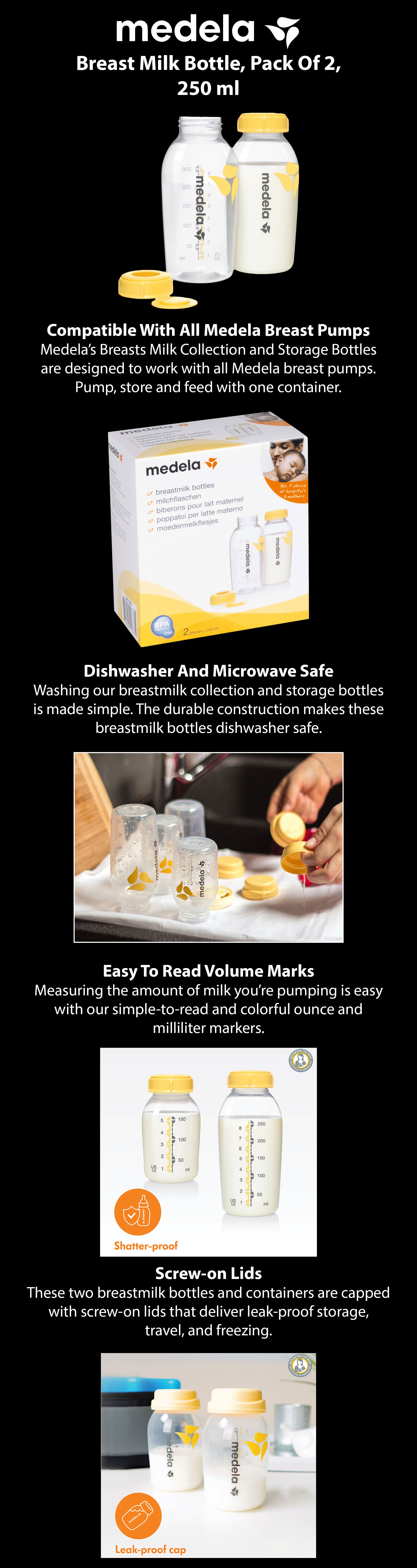 2 Pieces Breastmilk Bottles 250 Ml - Safe And Bpa - Free, Accurate Measurement Markings And Compatible With Medela Breast Pumps