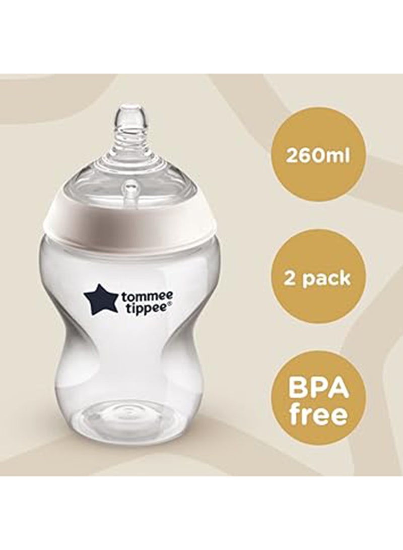 Pack Of 2 Closer To Nature Baby Feeding Bottles With Anti-Colic Valve, Slow-Flow, 0 Months +, 2 X 260 ML, Clear