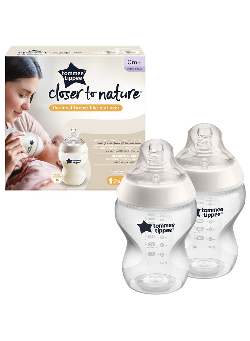 Pack Of 2 Closer To Nature Baby Feeding Bottles With Anti-Colic Valve, Slow-Flow, 0 Months +, 2 X 260 ML, Clear