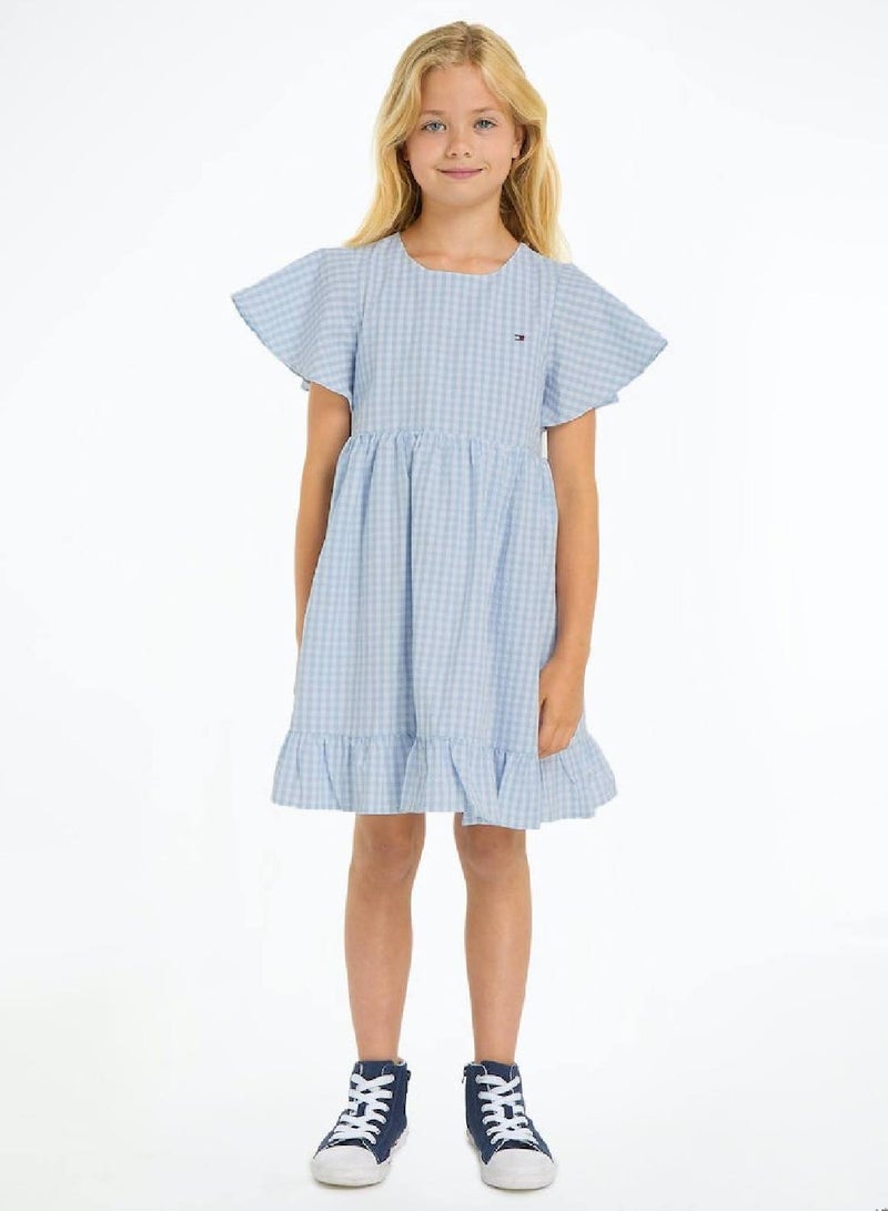 Girls' Gingham Check Dress And Scrunchie Set -  Pure cotton, Blue