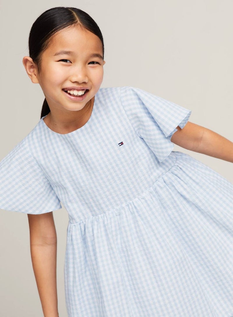 Girls' Gingham Check Dress And Scrunchie Set -  Pure cotton, Blue