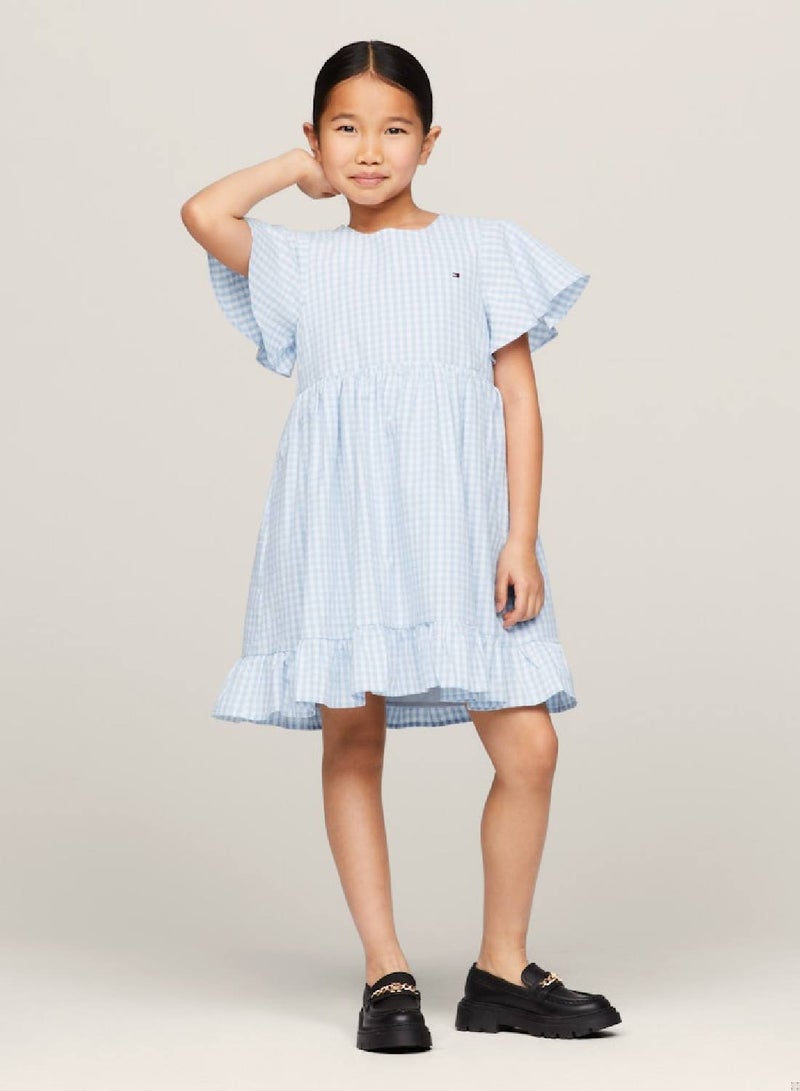 Girls' Gingham Check Dress And Scrunchie Set -  Pure cotton, Blue