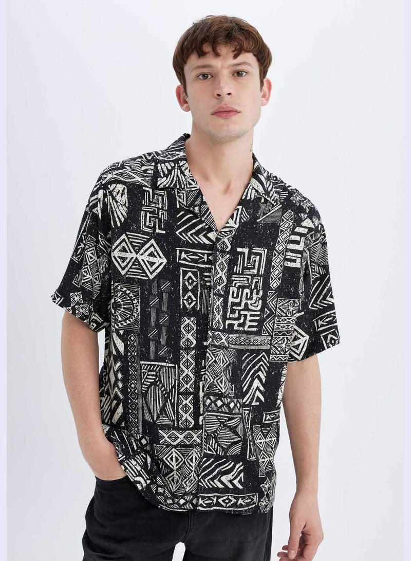 Regular Fit Apache Neck Viscose Printed Short Sleeve Shirt