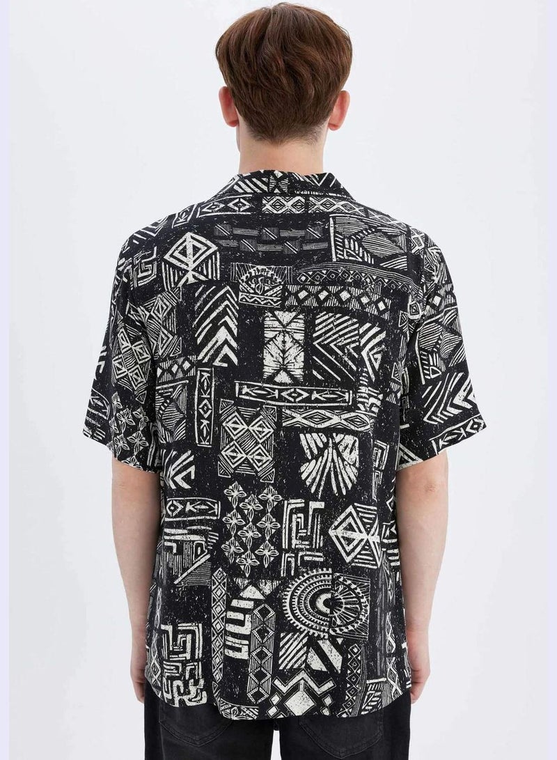 Regular Fit Apache Neck Viscose Printed Short Sleeve Shirt