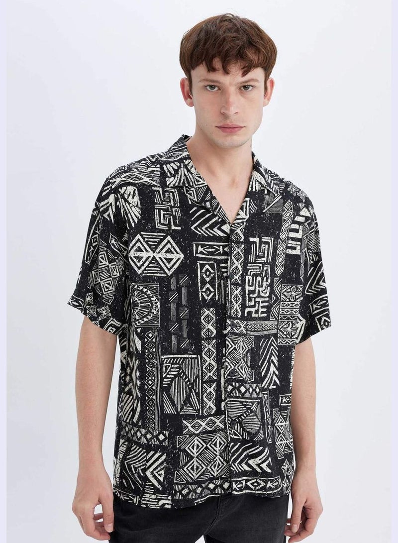 Regular Fit Apache Neck Viscose Printed Short Sleeve Shirt