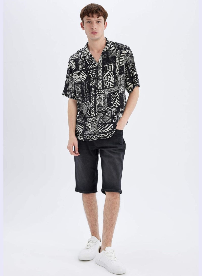 Regular Fit Apache Neck Viscose Printed Short Sleeve Shirt