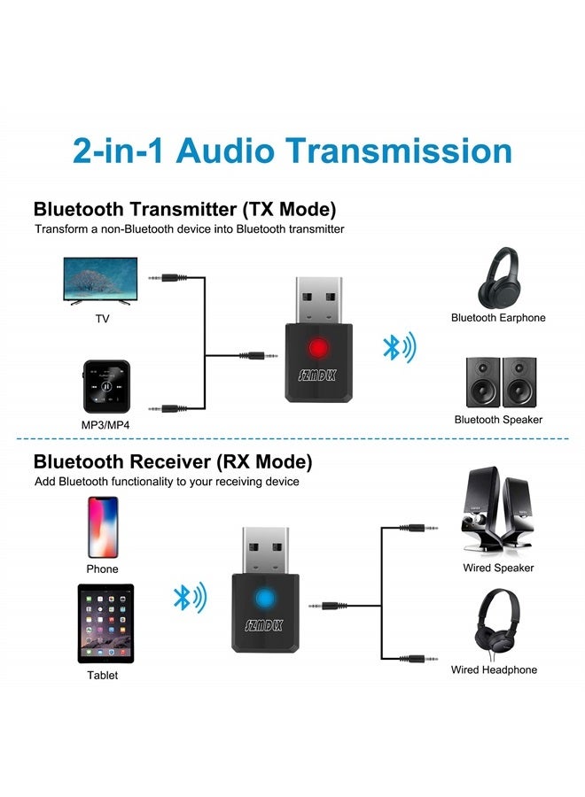 USB Bluetooth 5.0 Transmitter Receiver 4 in 1, Portable Wireless Audio Transmitter/Receiver, Adapter, Ideal Wireless Audio Auxiliary Adapter for Various Purposes, Plug and Play