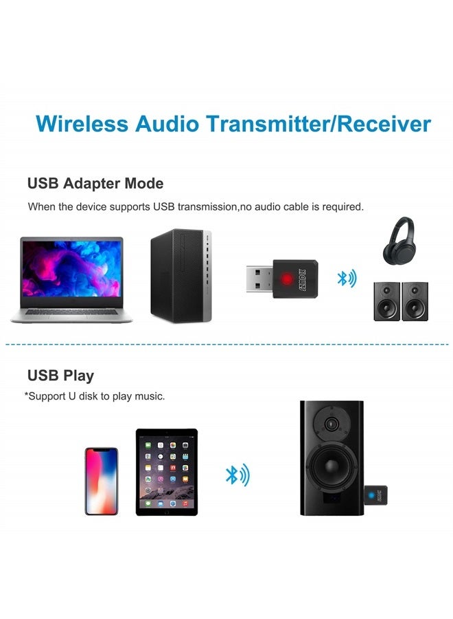 USB Bluetooth 5.0 Transmitter Receiver 4 in 1, Portable Wireless Audio Transmitter/Receiver, Adapter, Ideal Wireless Audio Auxiliary Adapter for Various Purposes, Plug and Play