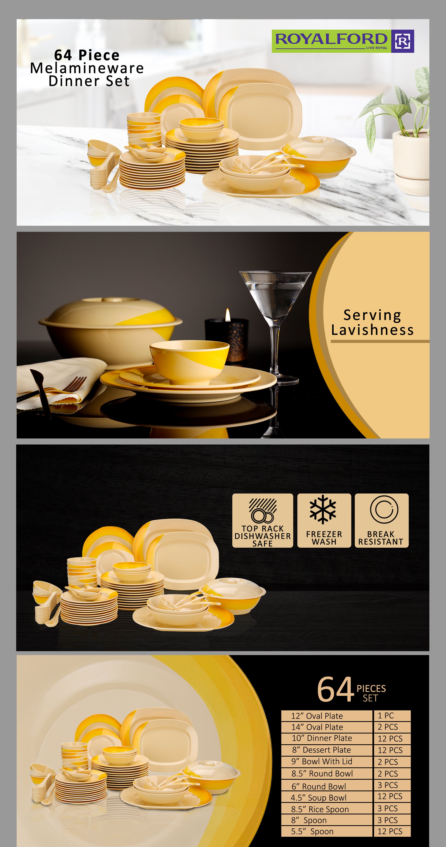 64-Piece Melamine Dinner Set With 1X30Cm Oval Plate,2X36Cm Oval Plates,12X25Cm Dinner Plates,12X20Cm Dessert Plates,2X23Cm Bowls With Lid,3X15Cm Bowls,12X11Cm Soup Bowls,3X22Cm Rice Spoons,3X20Cm Spoons,12X14Cm Spoons,Serves 12,Multicolor Multicolour 11.6kg
