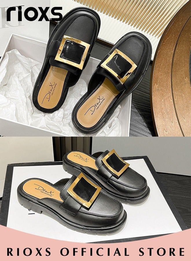 Women's Mule,Square Toe Leather Slip-on Backless Mule Shoes,Fashion Black Flat Mules With Square Gold Metal Buckle Decor,Thick-soled Mules For Women,Comfortable Ladies Mule Slippers,Easy to Wear On and Off