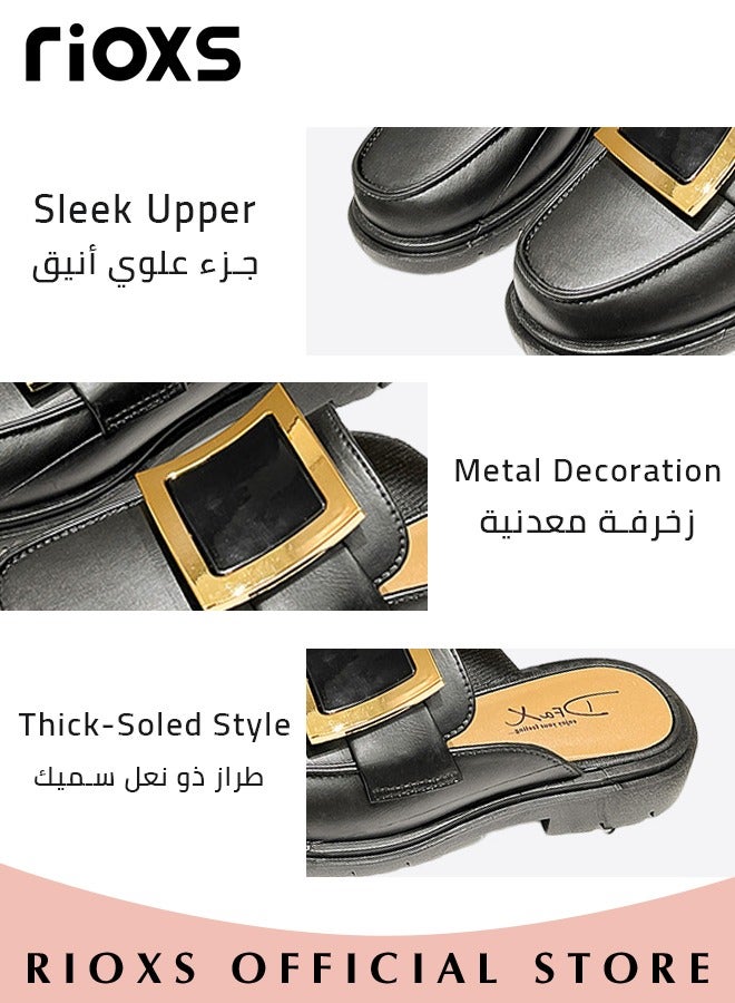 Women's Mule,Square Toe Leather Slip-on Backless Mule Shoes,Fashion Black Flat Mules With Square Gold Metal Buckle Decor,Thick-soled Mules For Women,Comfortable Ladies Mule Slippers,Easy to Wear On and Off