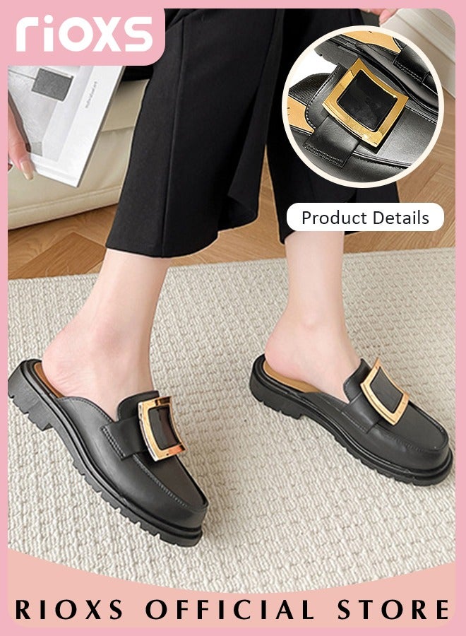 Women's Mule,Square Toe Leather Slip-on Backless Mule Shoes,Fashion Black Flat Mules With Square Gold Metal Buckle Decor,Thick-soled Mules For Women,Comfortable Ladies Mule Slippers,Easy to Wear On and Off