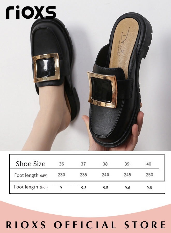 Women's Mule,Square Toe Leather Slip-on Backless Mule Shoes,Fashion Black Flat Mules With Square Gold Metal Buckle Decor,Thick-soled Mules For Women,Comfortable Ladies Mule Slippers,Easy to Wear On and Off