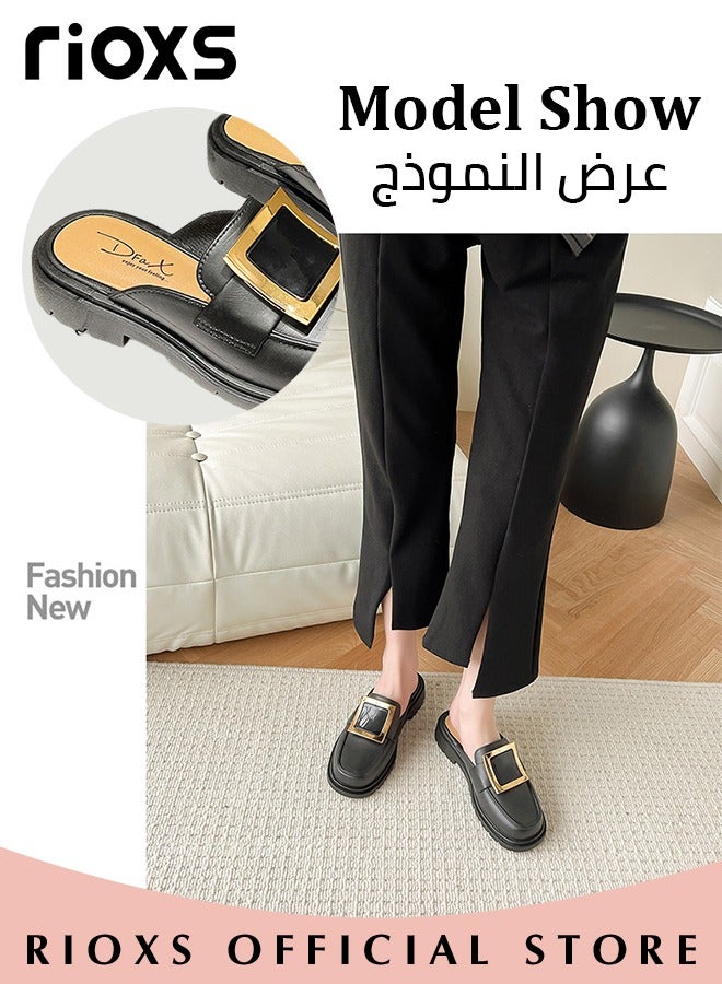 Women's Mule,Square Toe Leather Slip-on Backless Mule Shoes,Fashion Black Flat Mules With Square Gold Metal Buckle Decor,Thick-soled Mules For Women,Comfortable Ladies Mule Slippers,Easy to Wear On and Off
