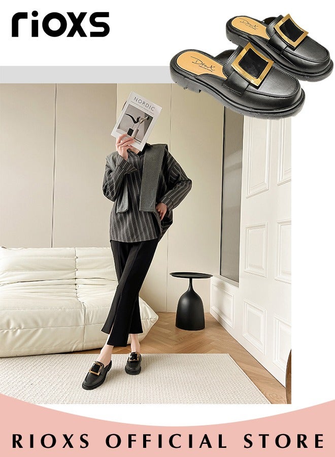 Women's Mule,Square Toe Leather Slip-on Backless Mule Shoes,Fashion Black Flat Mules With Square Gold Metal Buckle Decor,Thick-soled Mules For Women,Comfortable Ladies Mule Slippers,Easy to Wear On and Off