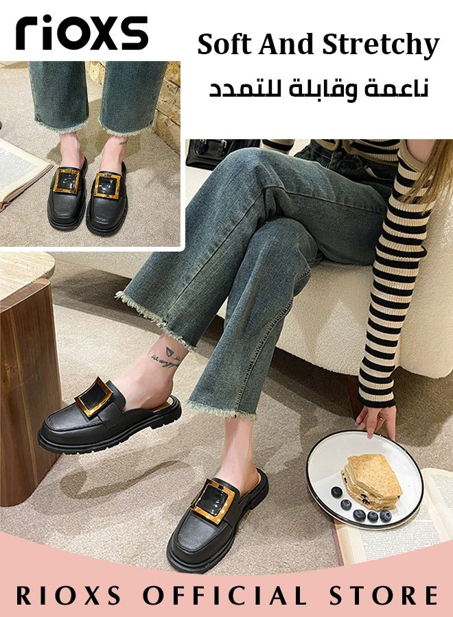 Women's Mule,Square Toe Leather Slip-on Backless Mule Shoes,Fashion Black Flat Mules With Square Gold Metal Buckle Decor,Thick-soled Mules For Women,Comfortable Ladies Mule Slippers,Easy to Wear On and Off