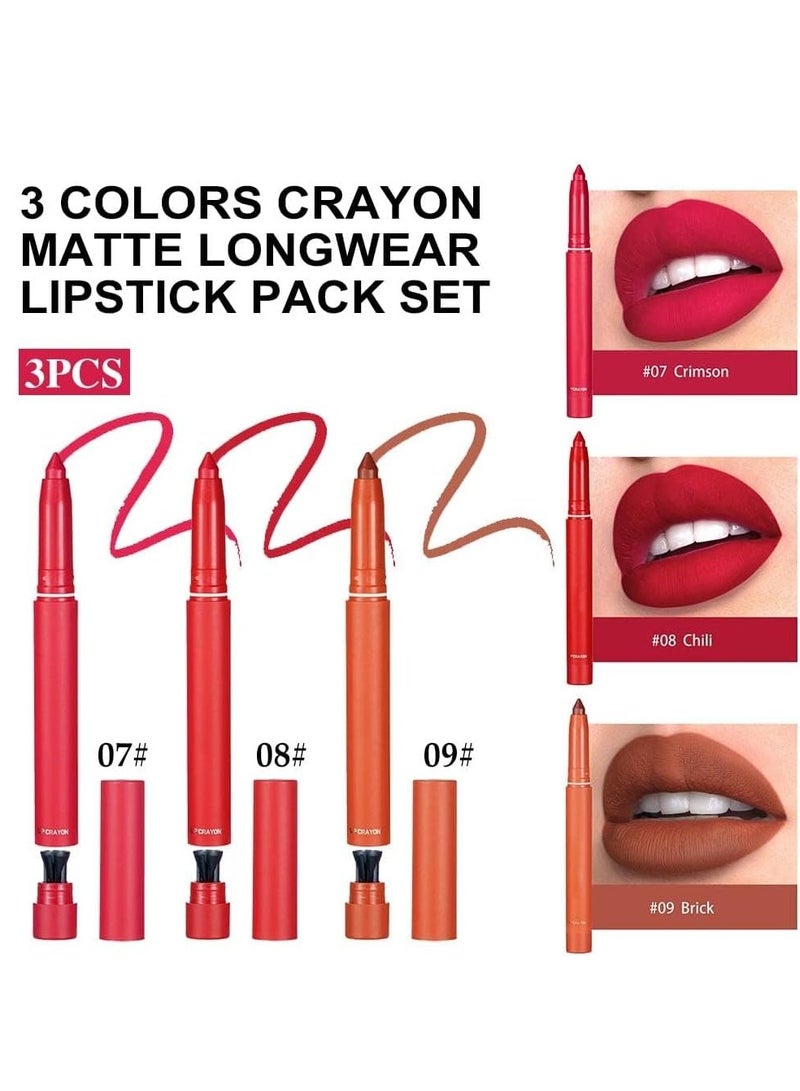 Matt Nude Lipstick Lipliner Set with Built-in Sharpener Matte Lipliner Pencil Collection, Waterproof Crayon Nourishing Buildable Velvet Lip Crayon Lip Liner Lip Pen Lip Makeup 3 Colors