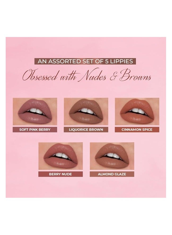 Just Herbs Ayurvedic Liquid Lipstick Matte Finish Kit Set of 5 with Long Lasting, Hydrating & Lightweight Lip Colour, Nudes & Browns - Paraben & Silicon Free - 5 ml