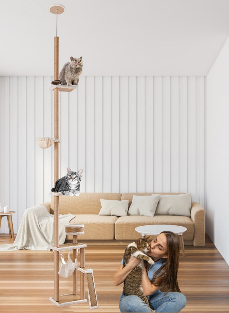 Large Cat Tower Cat Climbing Frame Cat Tree Floor to Ceiling Tower Adjustable Height(240-260cm) Climbing Activity Center Cozy Hammocks With Scratching Post