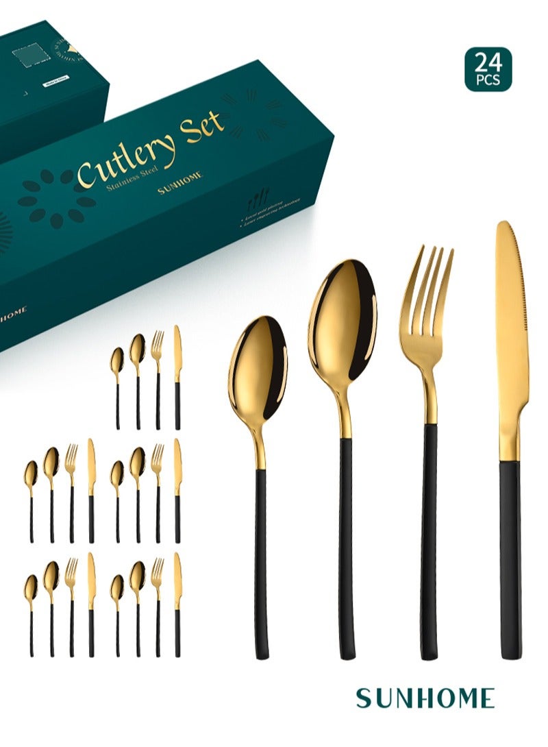 SUNHOME 24-Piece Stainless Steel Cutlery Set Gold/Black