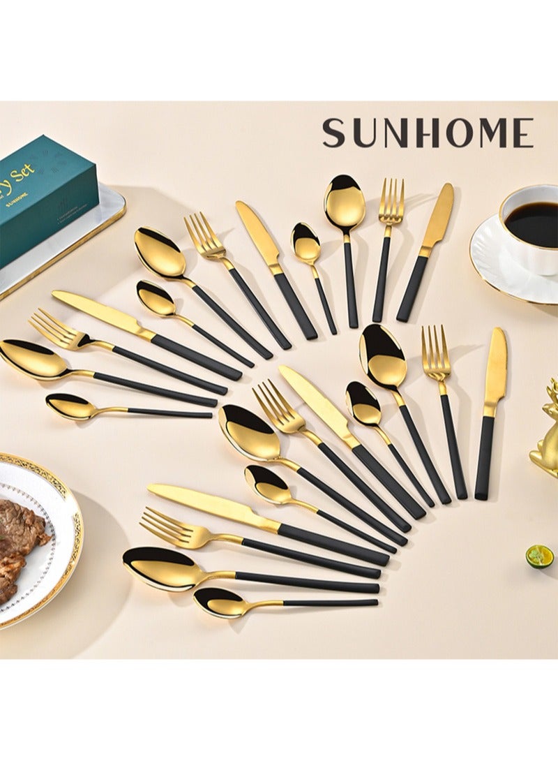 SUNHOME 24-Piece Stainless Steel Cutlery Set Gold/Black
