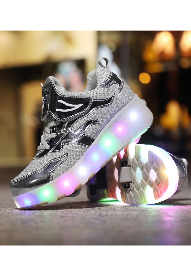 LED Flash Light Fashion Shiny Sneaker Skate Shoes With Wheels And Lightning Sole Silver
