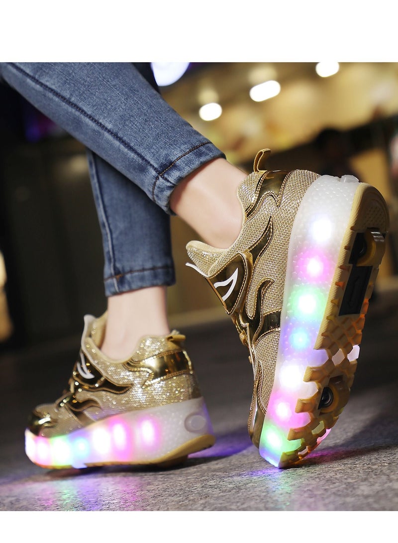 LED Flash Light Fashion Shiny Sneaker Skate Shoes With Wheels And Lightning Sole Gold