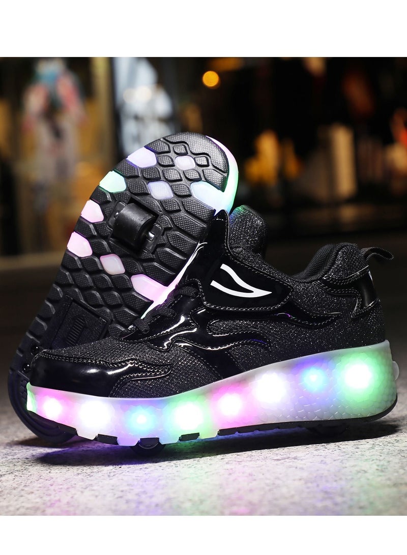 LED Flash Light Fashion Shiny Sneaker Skate Shoes With Wheels And Lightning Sole Black