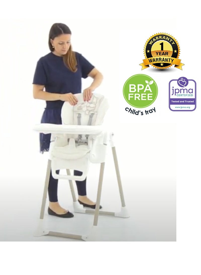 Baby High Chair - Feeding Chair, Removable Tray, 0 To 36 Months, Made In Italy, Comfortable, Soft Padding, Easy To Clean, 6 Heights, 3 Backrest Reclining Positions, 5-Point Safety Harness