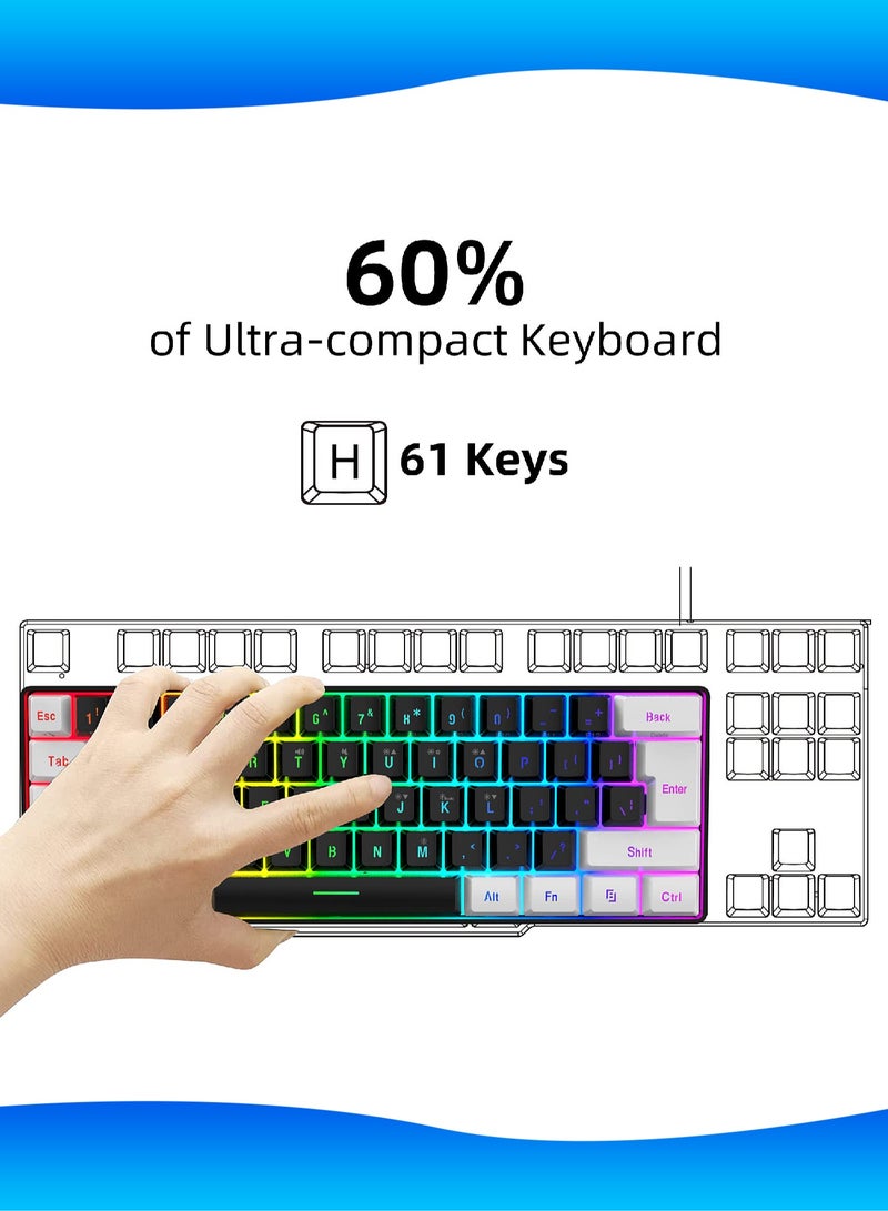 61-Key Membrane Keyboard - Wired Mini Keyboard - Gaming Keyboard and Office Keyboard - RGB Light - Computer Keyboard