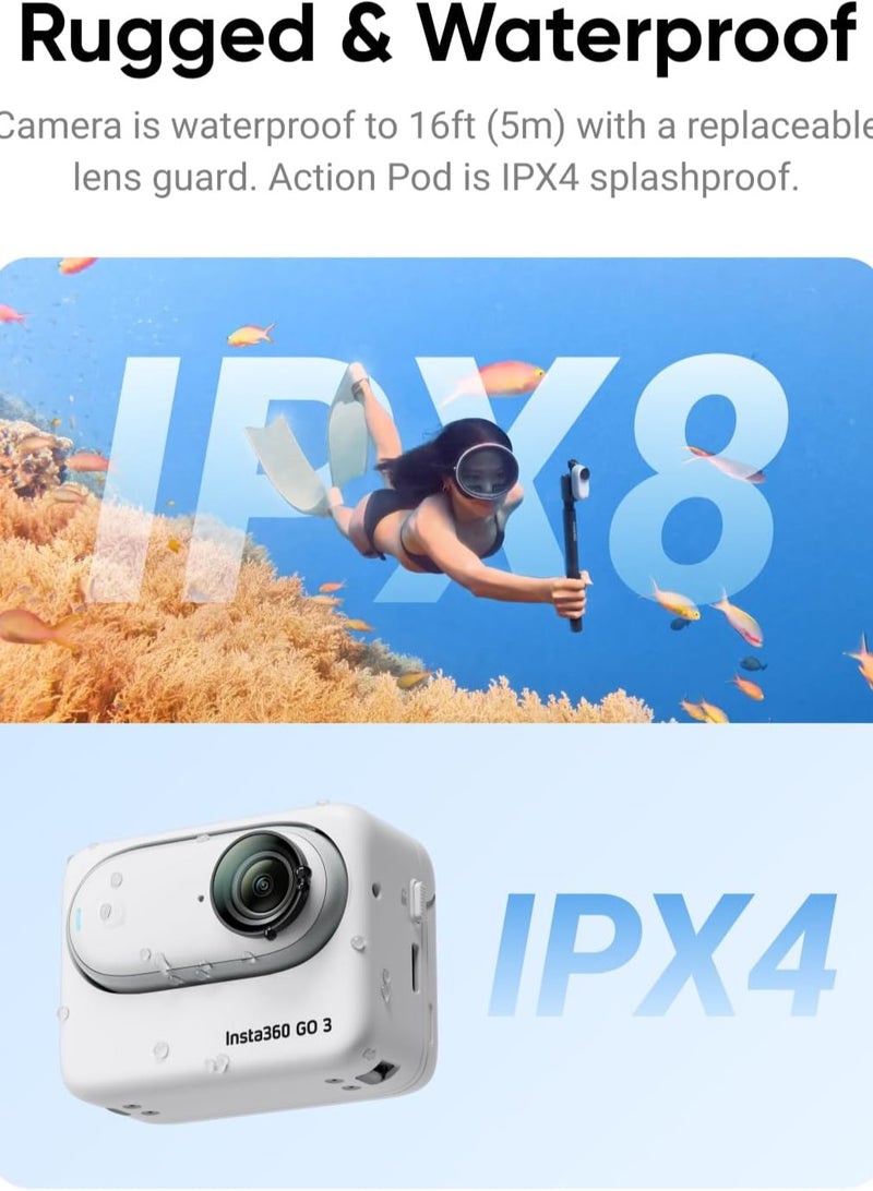 Action Camera, F2.2 aperture, 11.24 focal length, 64GB storage, ISO range 100-3200, 6-axis gyroscope, 80Mbps bit rate, H.264 video codec, Bluetooth 5.0 connectivity, white | I04CINSABKA