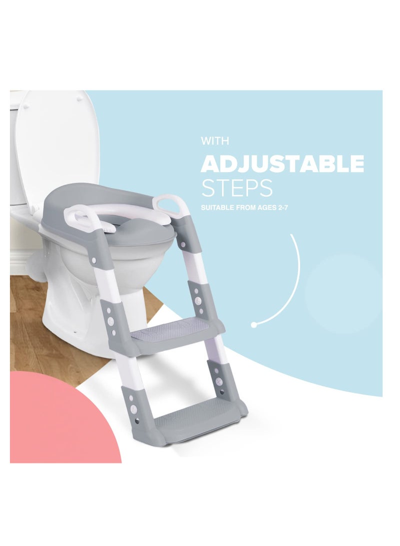 Adjustable Potty Ladder Seat for Toilet Training with Steps, Handle and Soft Cushion Design, Kids Folding Potty Toilet Trainer, Splash Guard Anti-Slip Pad Step Stool for Boys Girls