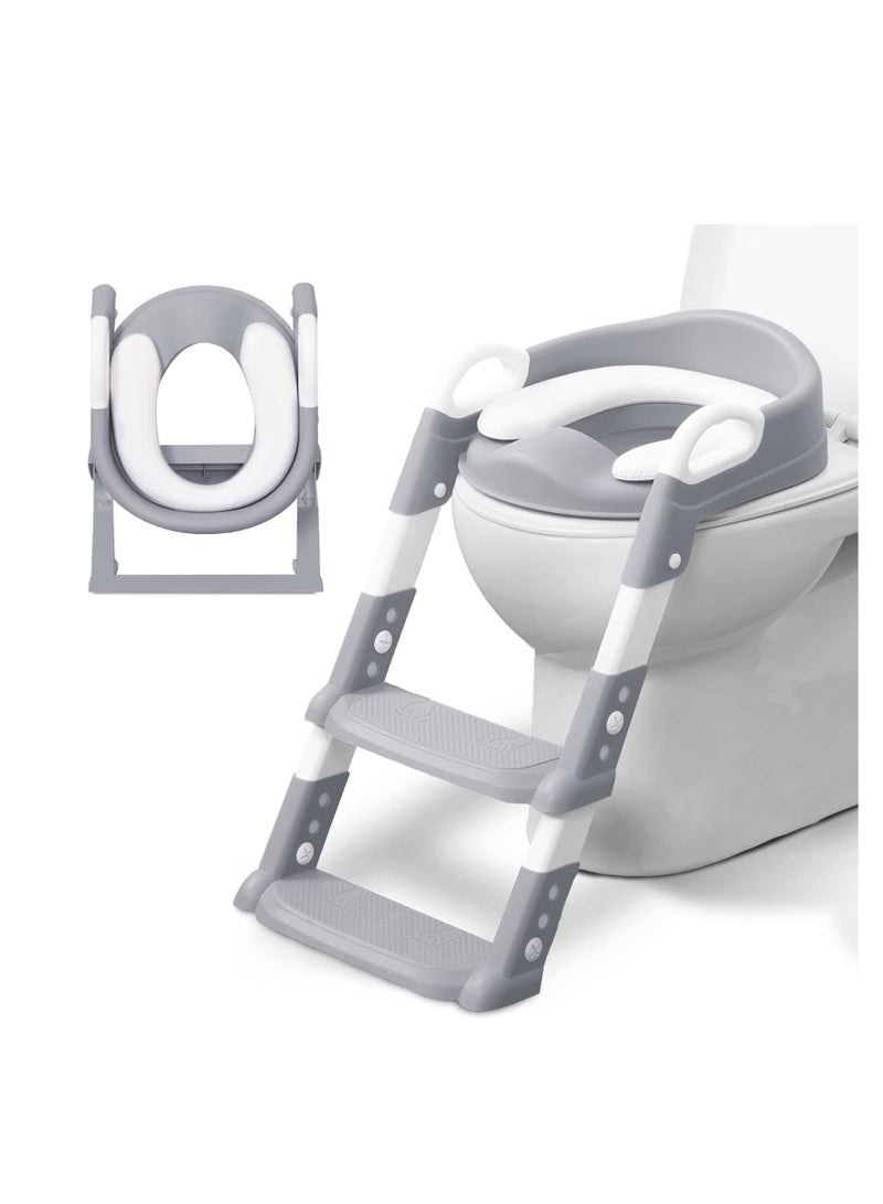 Adjustable Potty Ladder Seat for Toilet Training with Steps, Handle and Soft Cushion Design, Kids Folding Potty Toilet Trainer, Splash Guard Anti-Slip Pad Step Stool for Boys Girls