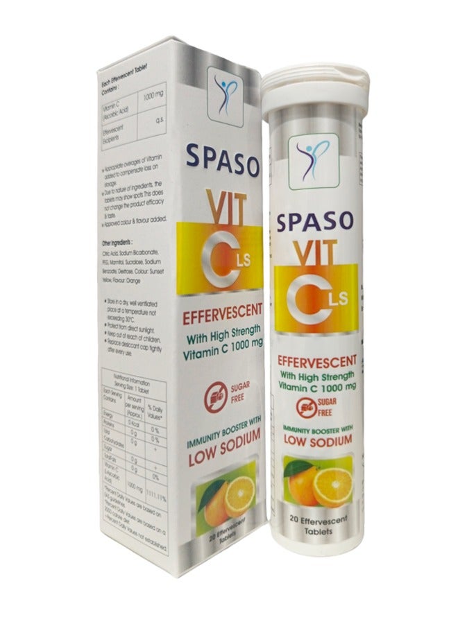 Spaso Vit C LS Effervescent - High Strength Vitamin C 1000 mg, Sugar-Free Immunity Booster, Low Sodium - 20 Effervescent Tablets