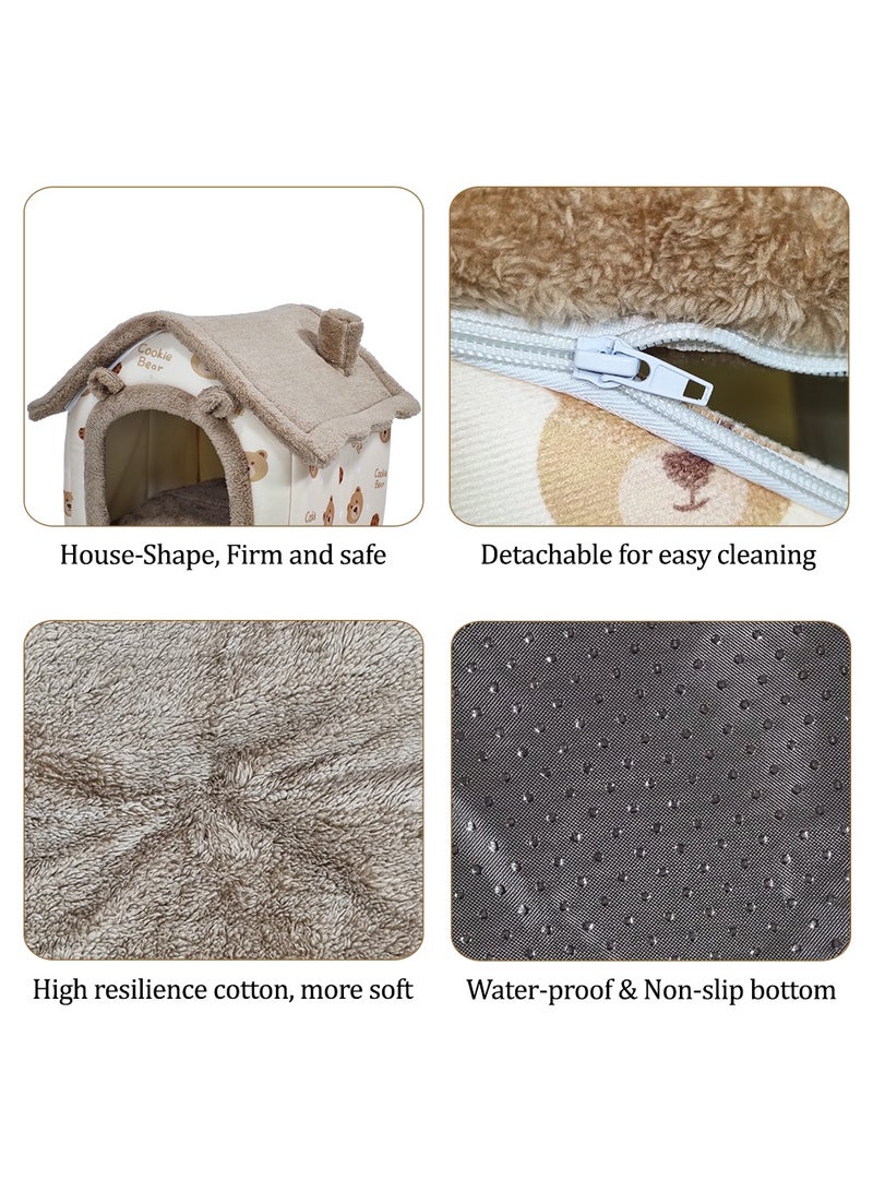 Cat bed for medium and large pets, House-shaped design cat bed with removable cushion and non-slip bottom, Detachable and machine washable cozy cat bed 50 cm (Brown)