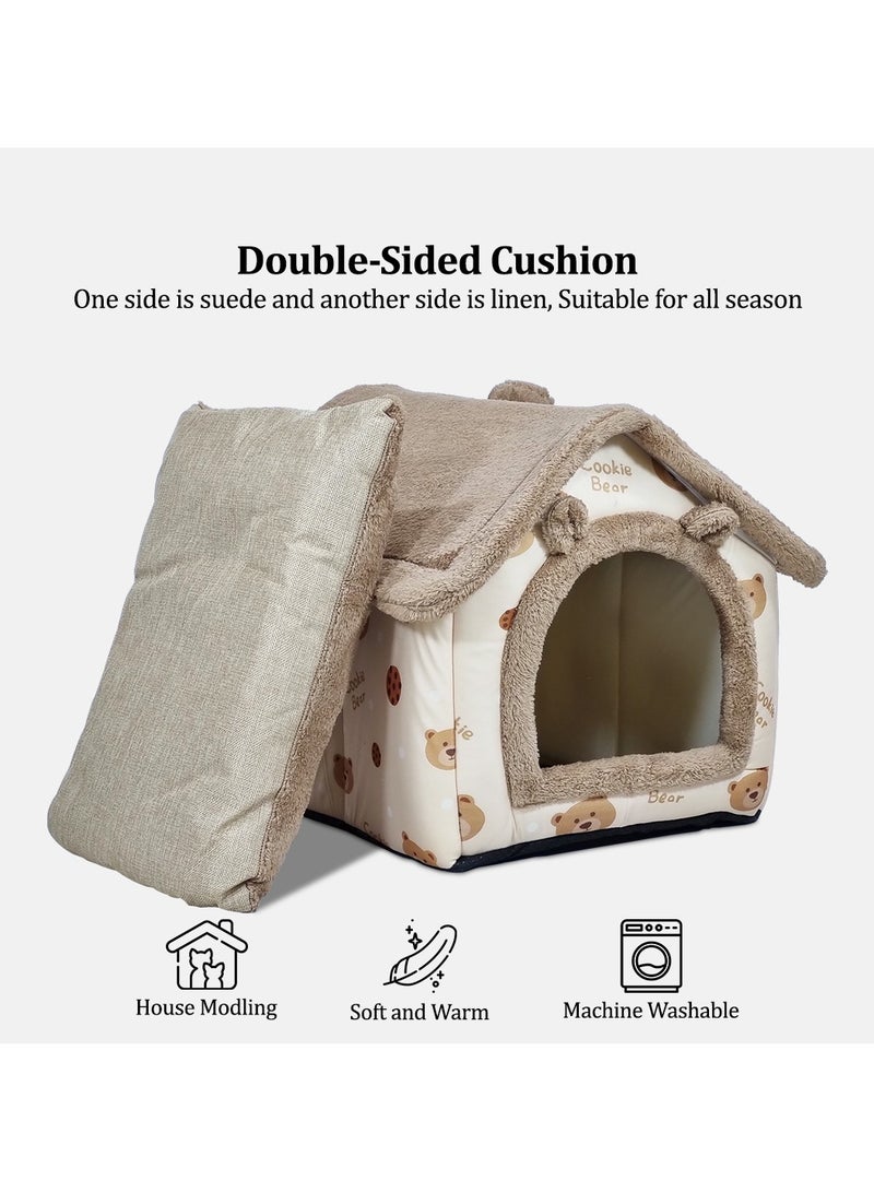 Cat bed for medium and large pets, House-shaped design cat bed with removable cushion and non-slip bottom, Detachable and machine washable cozy cat bed 50 cm (Brown)