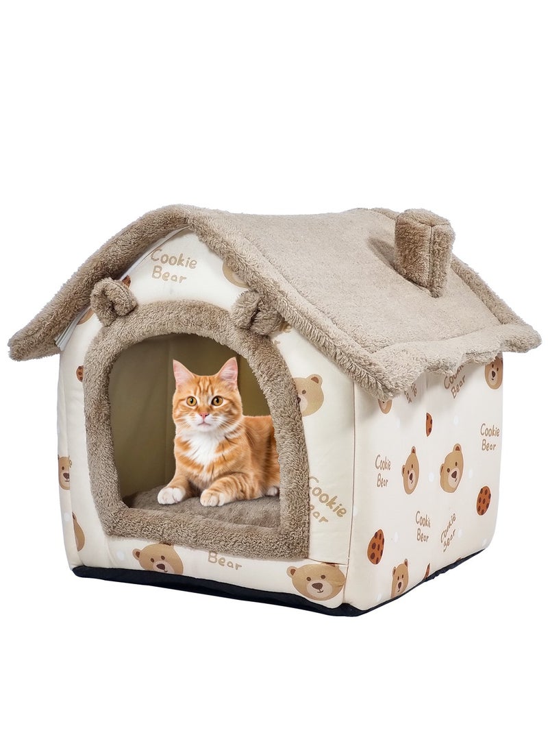 Cat bed for medium and large pets, House-shaped design cat bed with removable cushion and non-slip bottom, Detachable and machine washable cozy cat bed 50 cm (Brown)