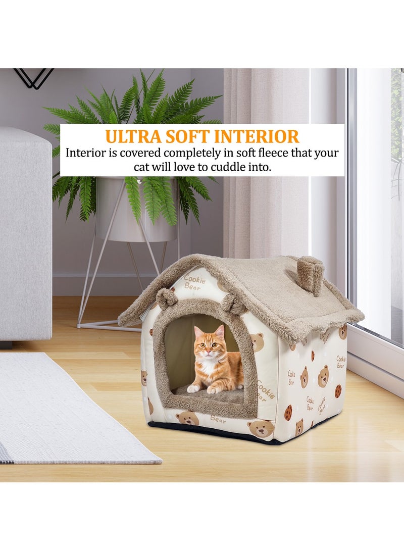 Cat bed for medium and large pets, House-shaped design cat bed with removable cushion and non-slip bottom, Detachable and machine washable cozy cat bed 50 cm (Brown)