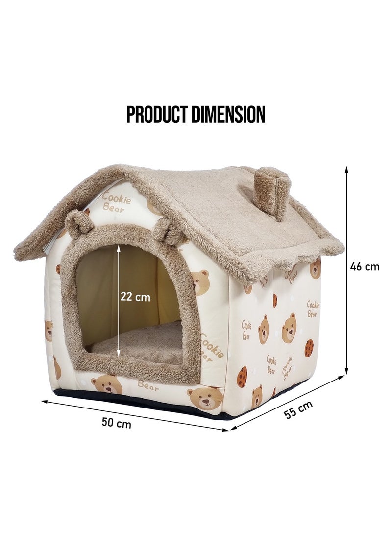Cat bed for medium and large pets, House-shaped design cat bed with removable cushion and non-slip bottom, Detachable and machine washable cozy cat bed 50 cm (Brown)