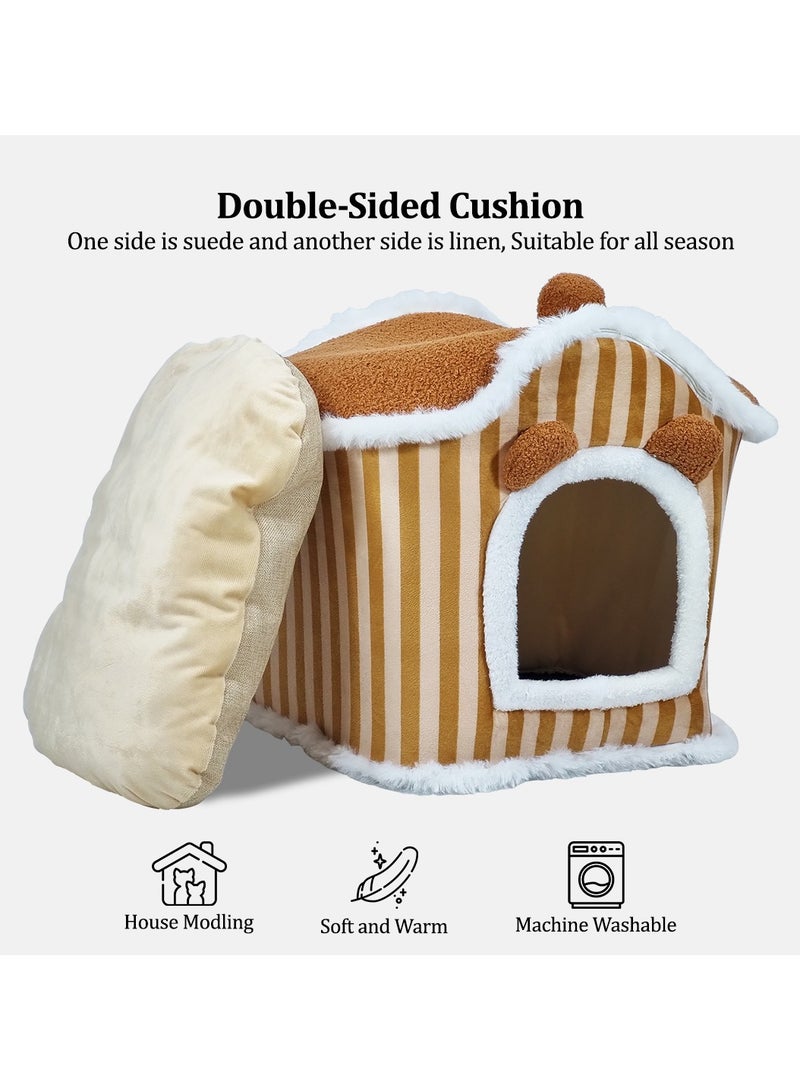 Pet bed house for medium and large cats, Comfortable cat house with Removable cushion and Anti-slip bottom, Detachable and machine washable cat house 60 cm (Brown)
