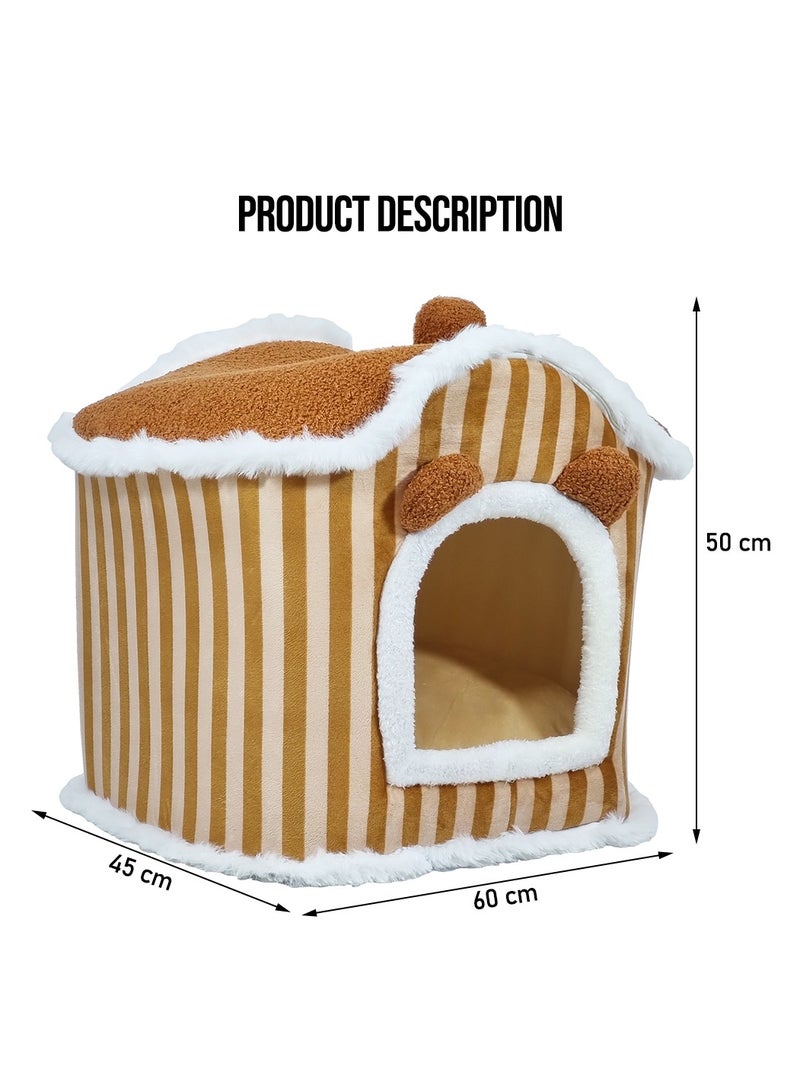 Pet bed house for medium and large cats, Comfortable cat house with Removable cushion and Anti-slip bottom, Detachable and machine washable cat house 60 cm (Brown)